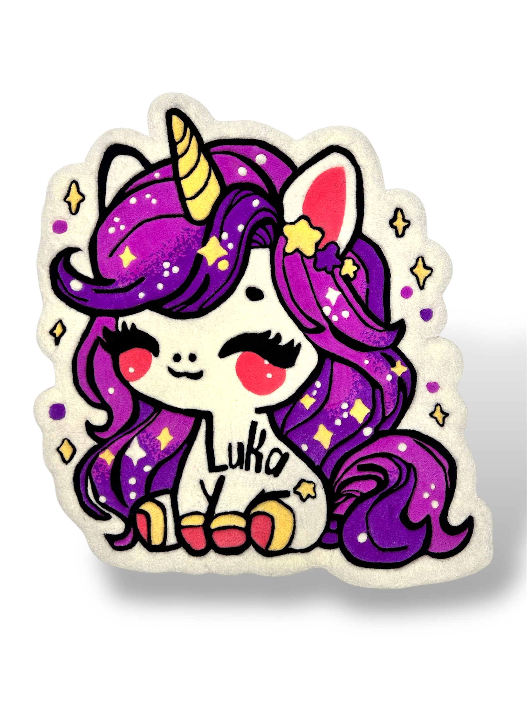 Handmade unicorn tufted rug for kids in violet shades – front view