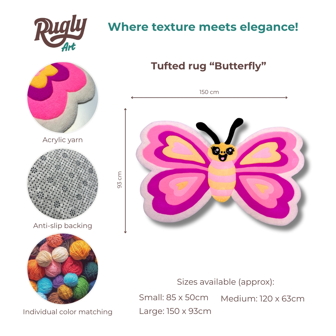 Educational infographic about custom tufted rugs for kids, showing butterfly design, size, and color options.