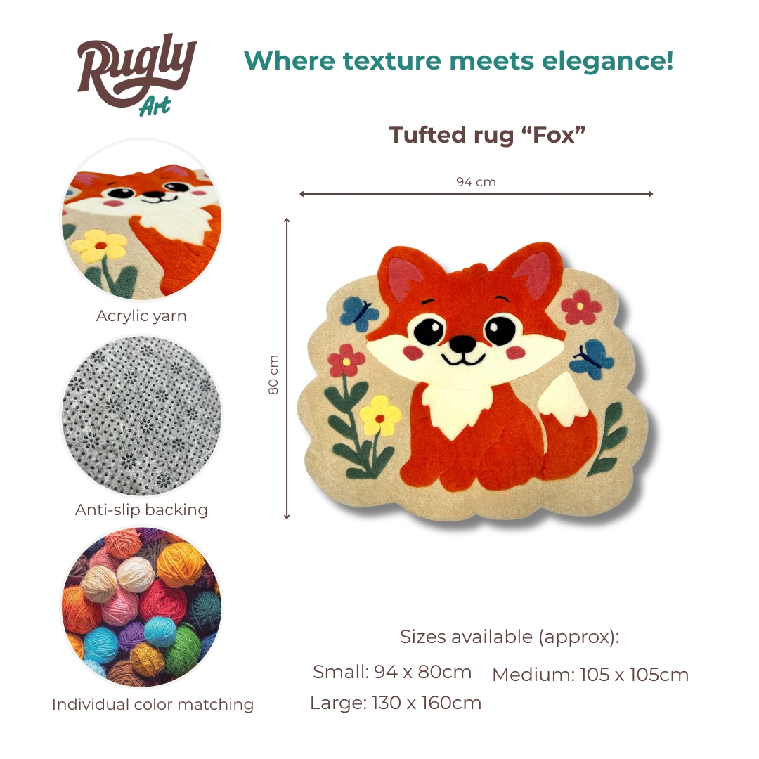 Educational infographic about custom tufted rugs for kids, showing fox design, size, and color options.