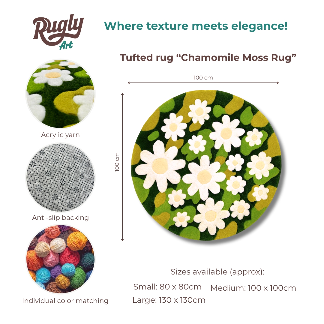 Educational infographic about custom tufted rugs for kids, showing moss with chamomille design, size, and color options.