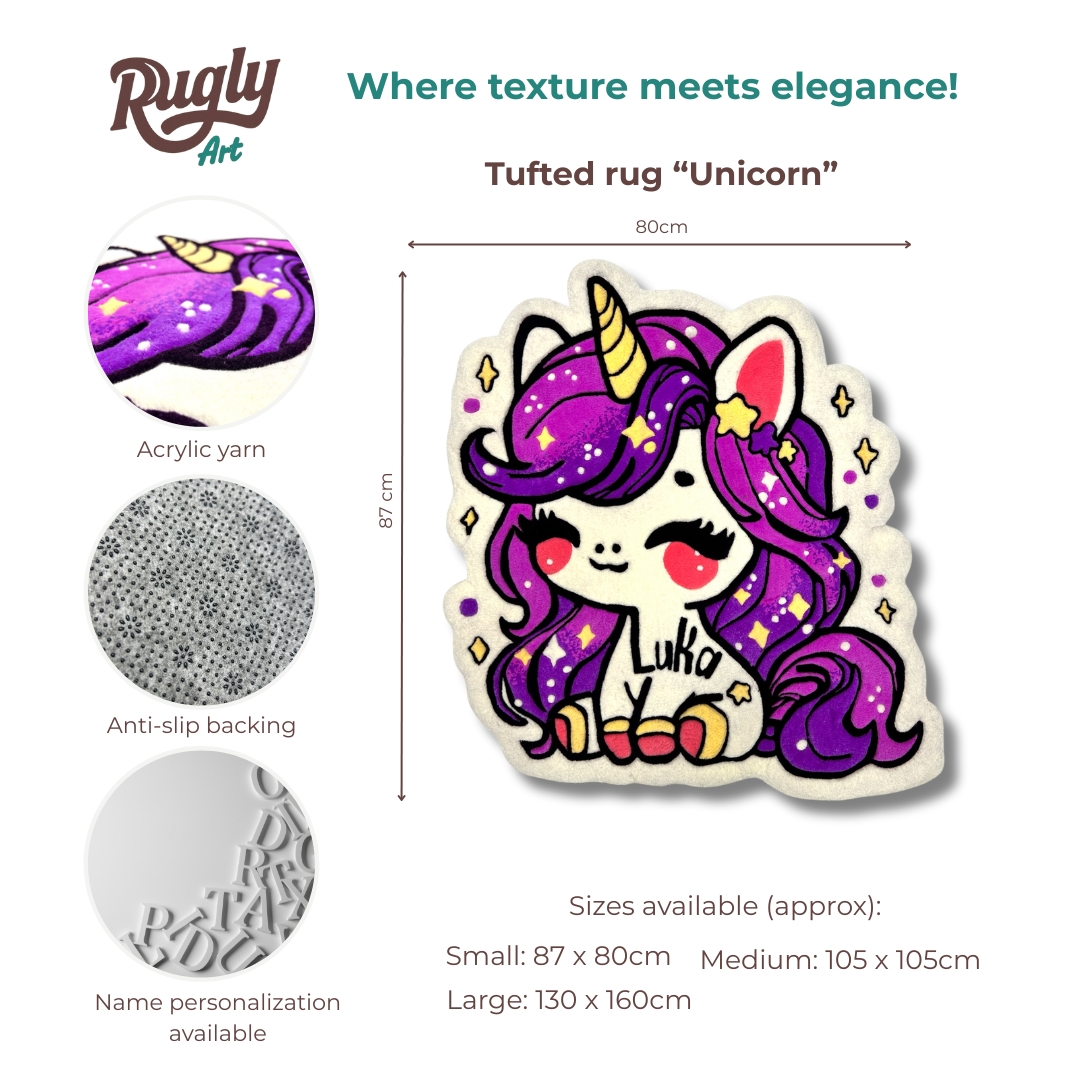 Educational infographic about custom tufted rugs for kids, showing unicorn design, size, and color options.