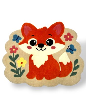 Front view of handmade fox tufted rug, showing detailed design and vibrant acrylic yarn colors.