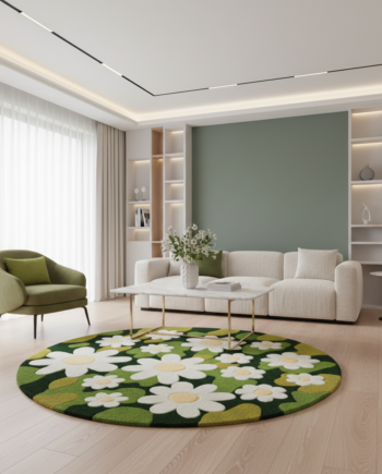 Handmade tufted rug chamomille moss in living room