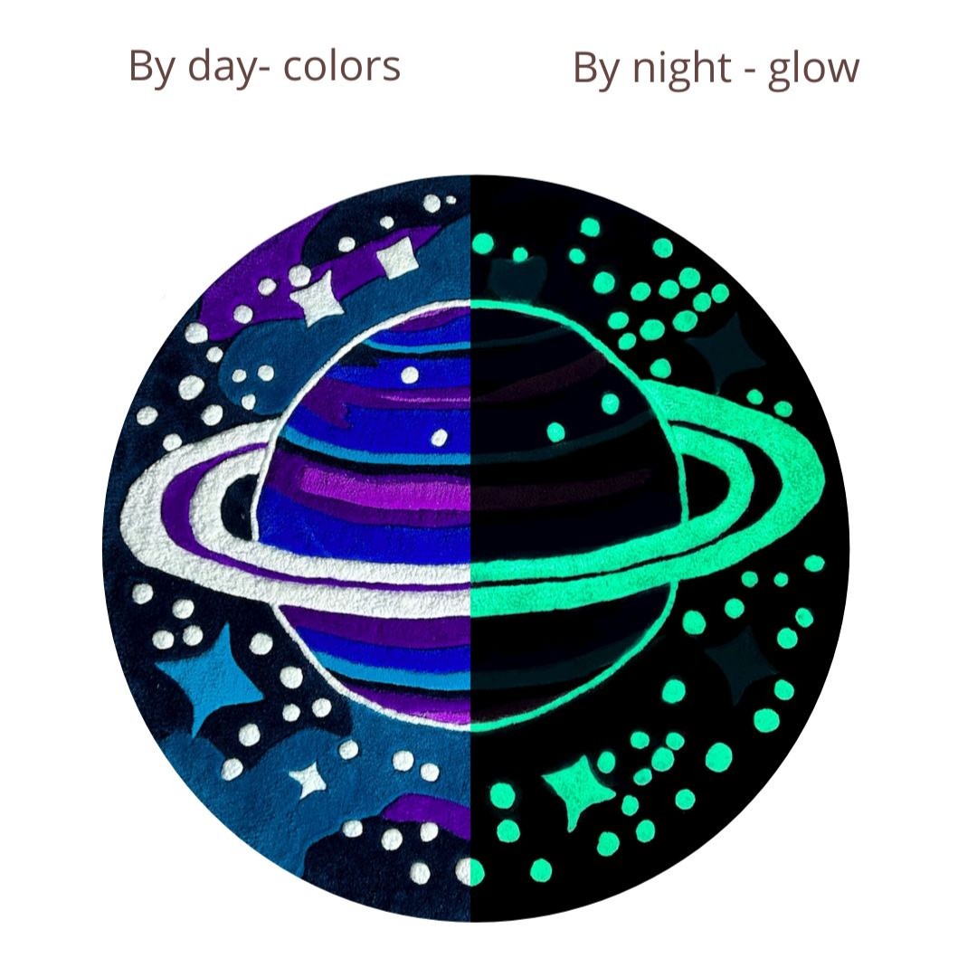 Handmade tufted rug Cosmos shown in daylight and night light, displaying color contrast and glow-in-the-dark effect.