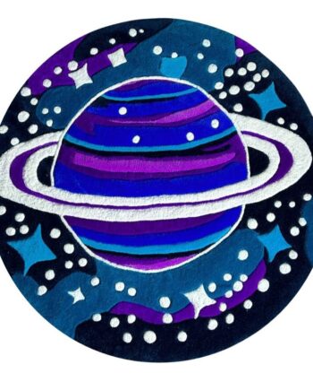 Front view of handmade tufted rug Cosmos featuring blue and purple Saturn design, round shape, 87 cm diameter.