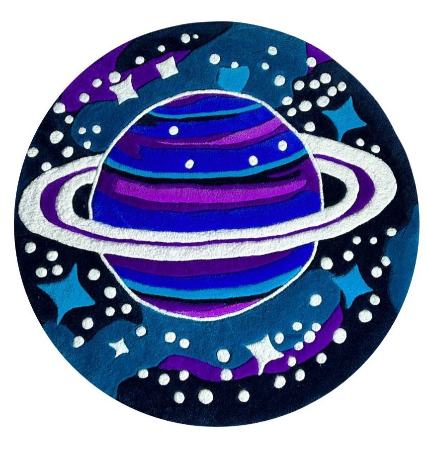 Front view of handmade tufted rug Cosmos featuring blue and purple Saturn design, round shape, 87 cm diameter.
