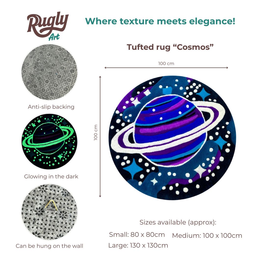 Infographic of handmade tufted rug Cosmos
