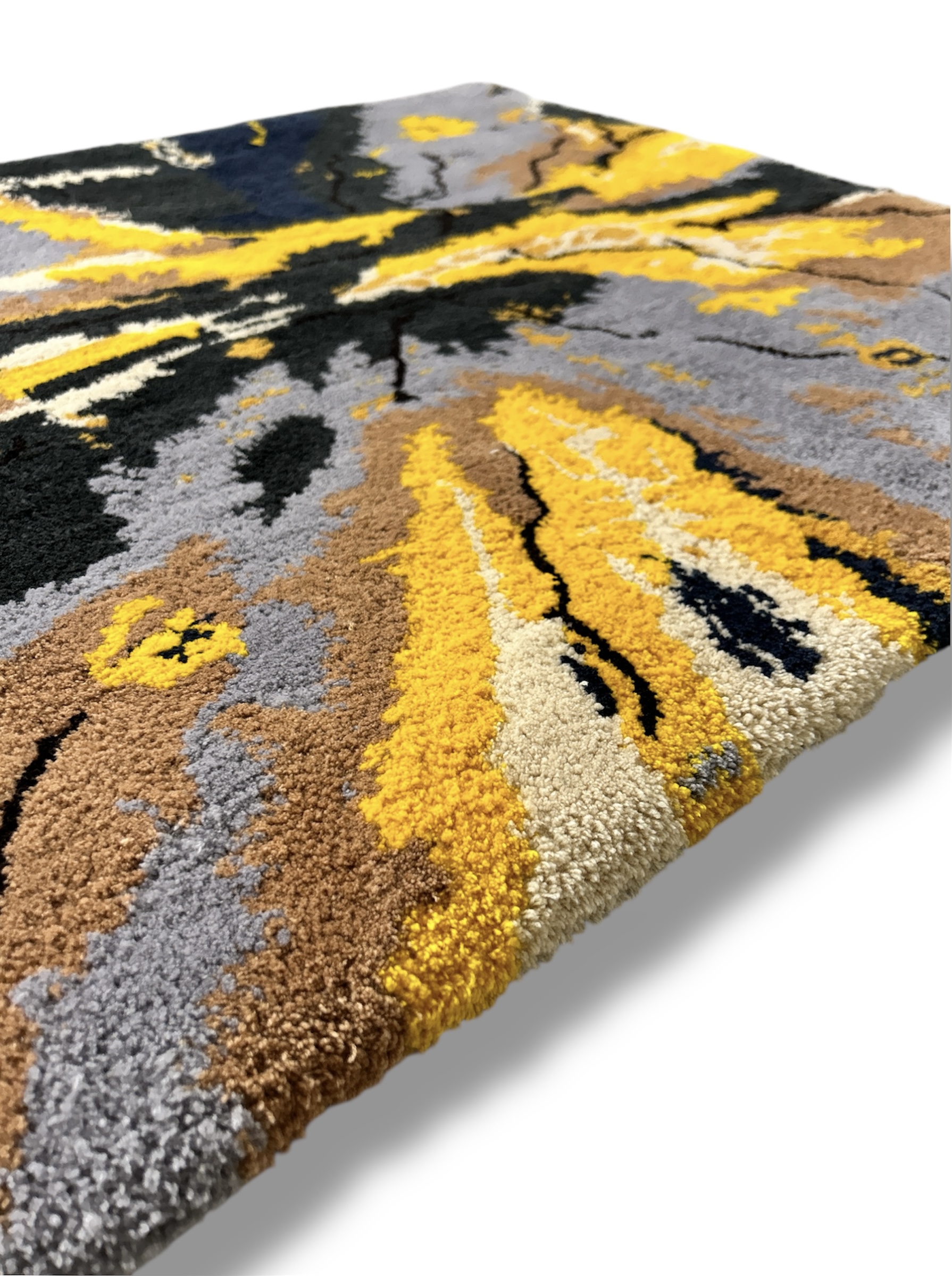 Handmade tufted rug abstract art close up view