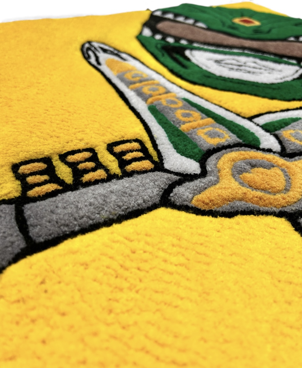 handmade tufted rug green power ranger close up view