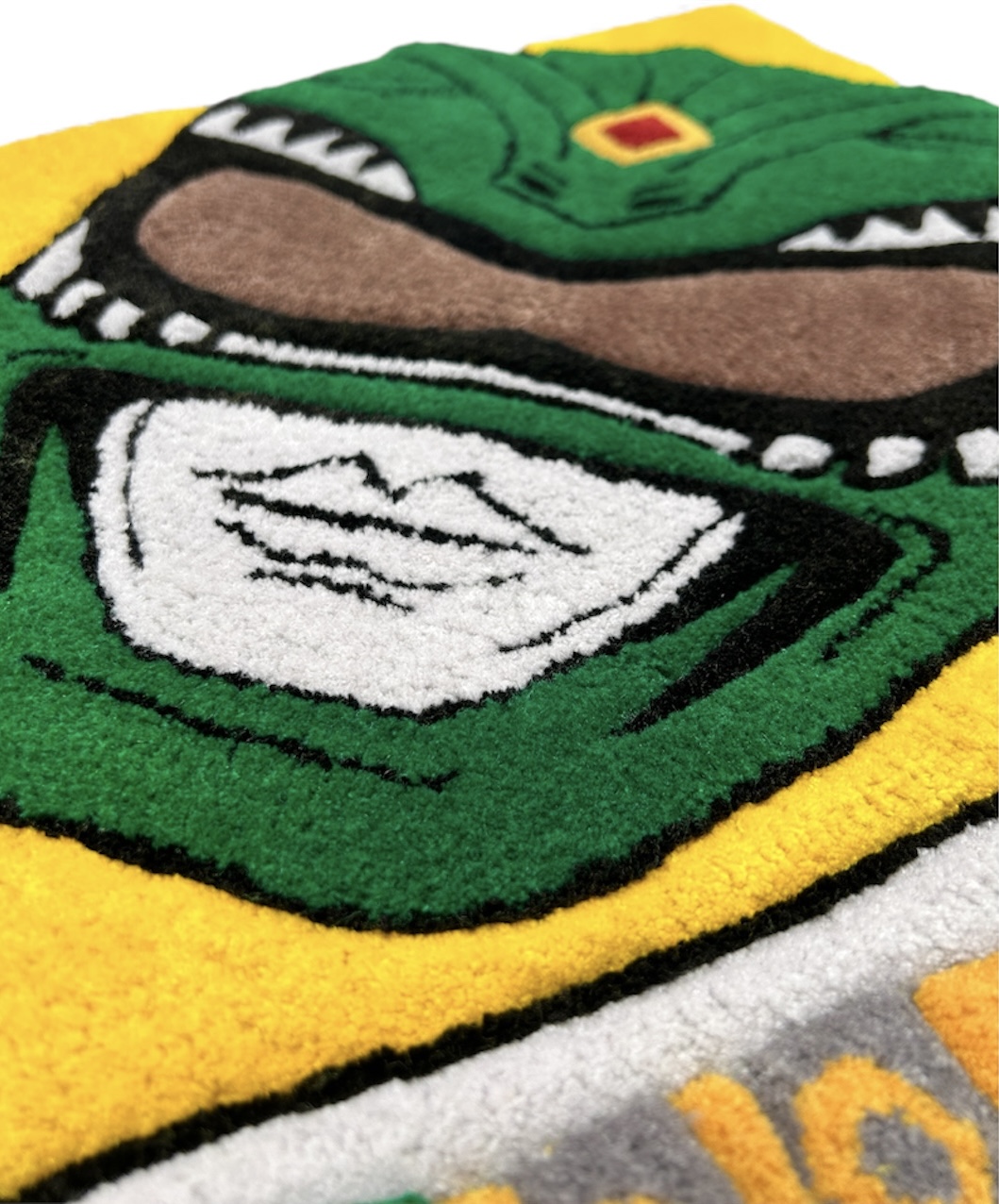 handmade tufted rug green power ranger detailed face view