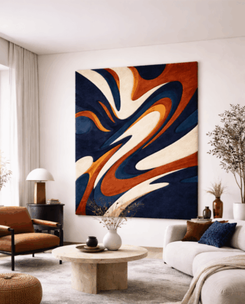 modern blue tufter rug. Side view